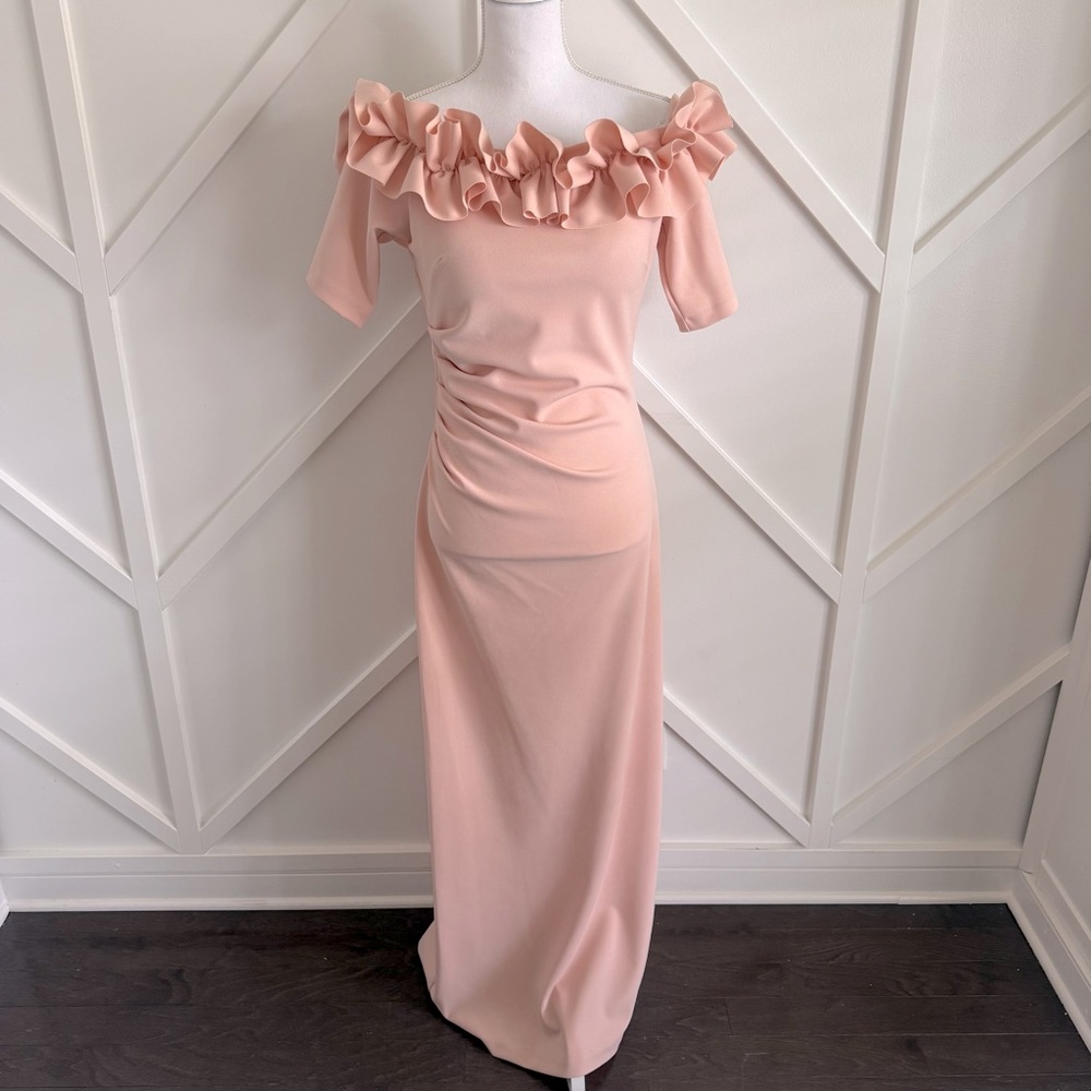 Xscape Blush Off-the-Shoulder Ruffle Wedding Gown